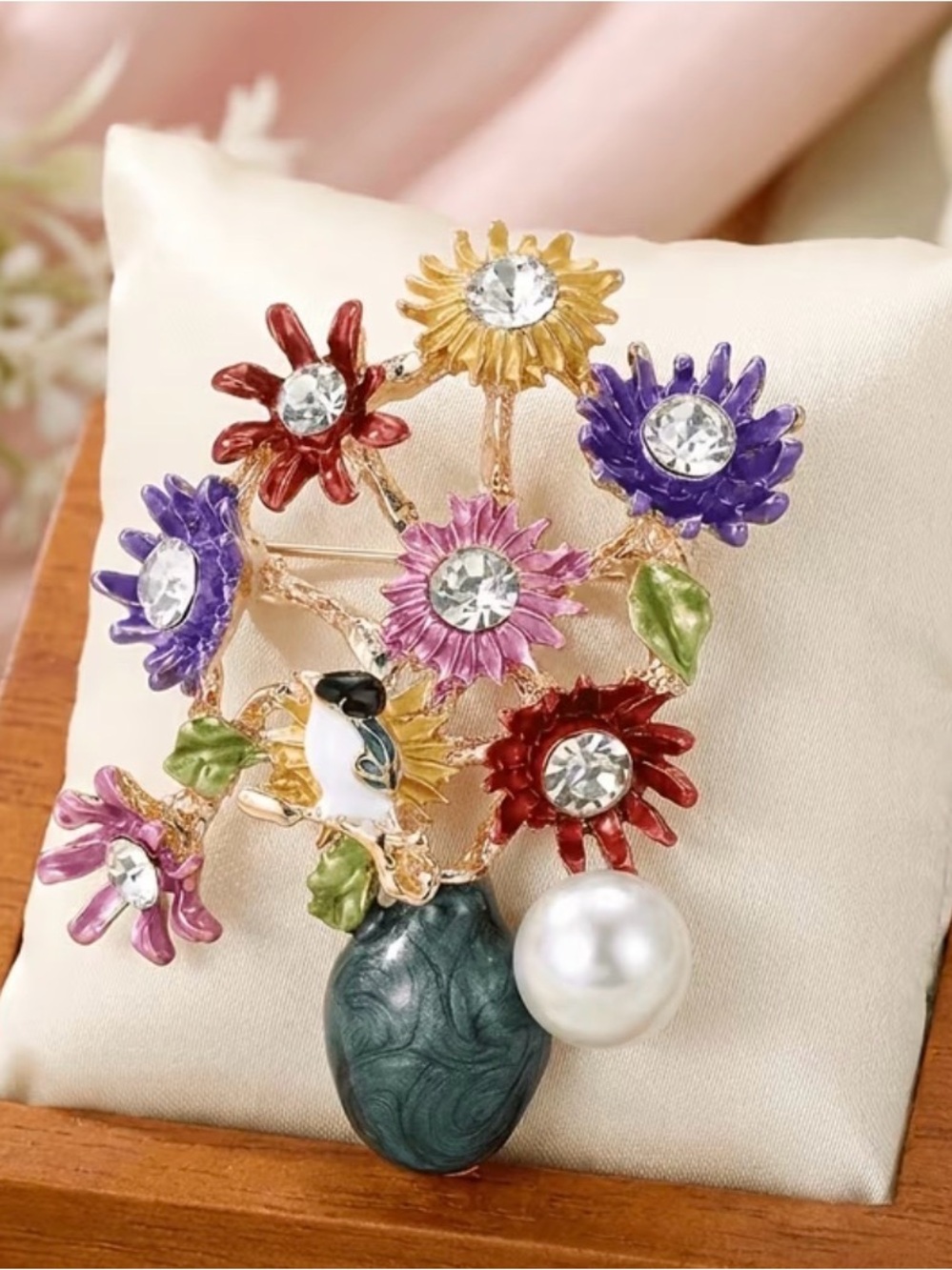 Multicolor Floral Enamel Brooch with Pearl Accent